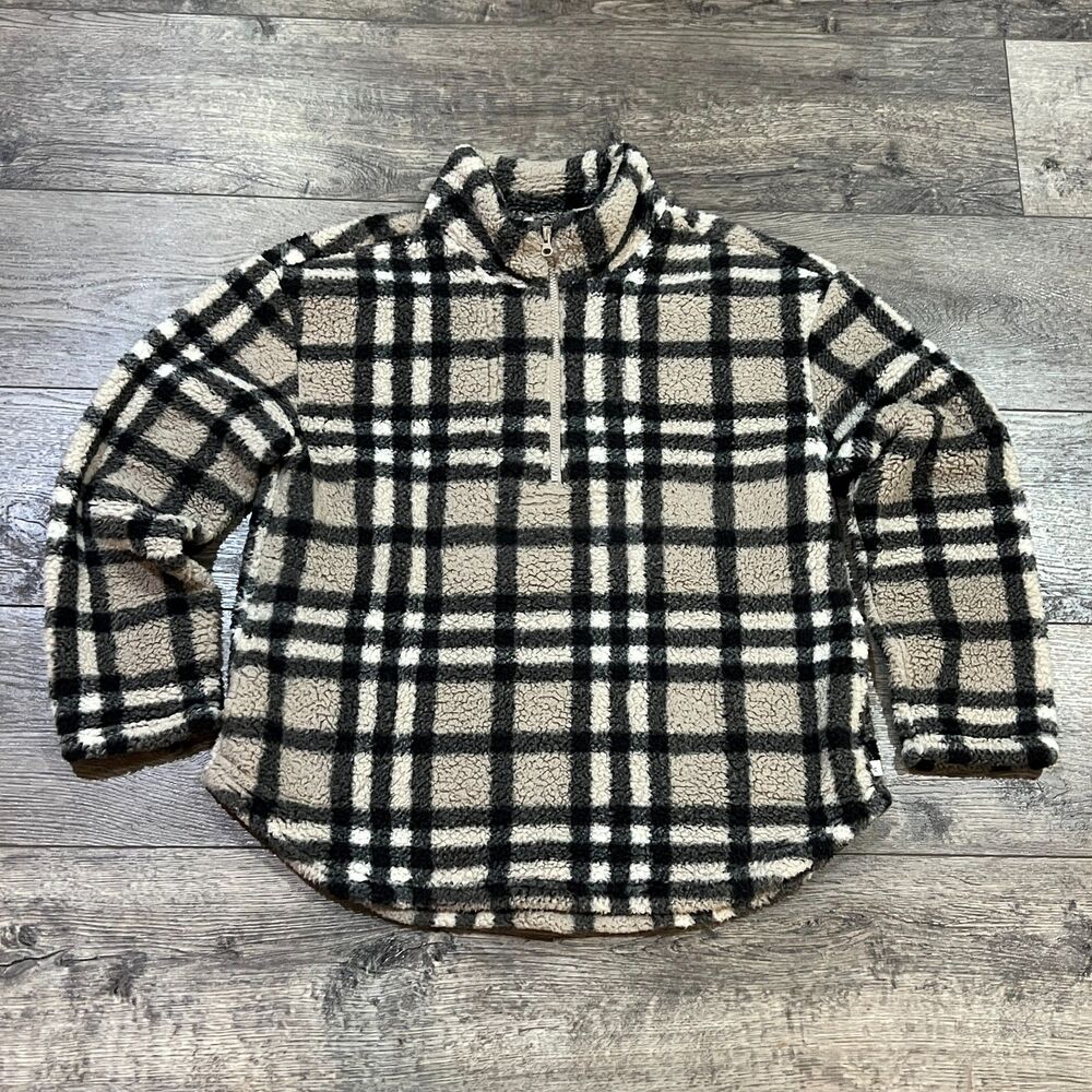 Koolaburra by UGG Tan Plaid Quarter Zip Sherpa Pullover Sweater - Women Large